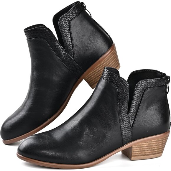 SDONY Ankle Boots Women's Black Low Heels Chunky Fashion Zipper Dressy Booties
